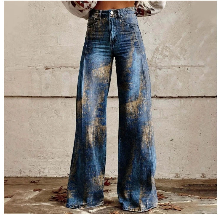 Wide-Leg Plus Size Denim-Look Casual Pants