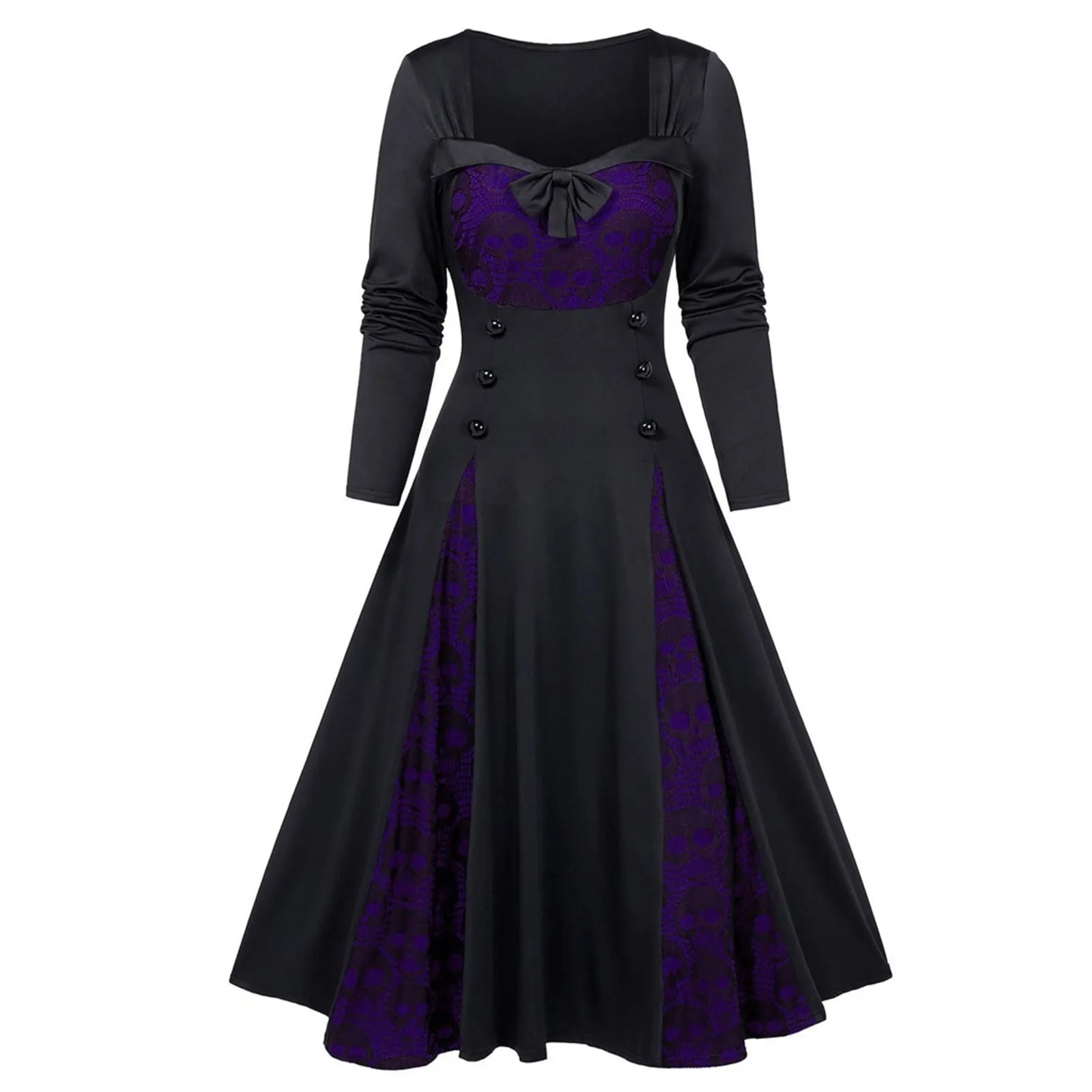 Gothic  Long Sleeve Low Cut Lace Splicing Long Dress