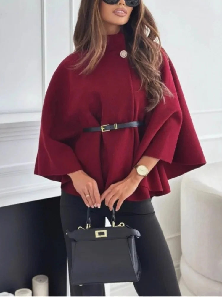 Elegant Woolen Cape Coat for Women – Belted, Fitted Waist, Winter Chic One-Piece