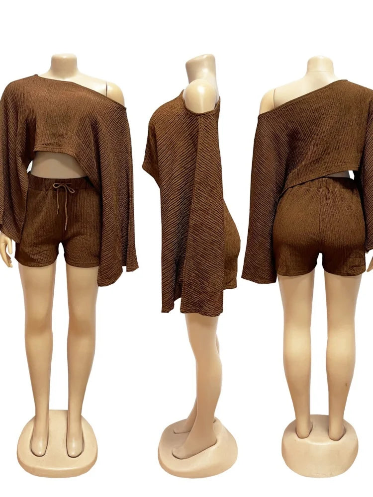 Elegant Off-Shoulder Two-Piece Set – Loose Top &amp; Short Skirt Matching Suit