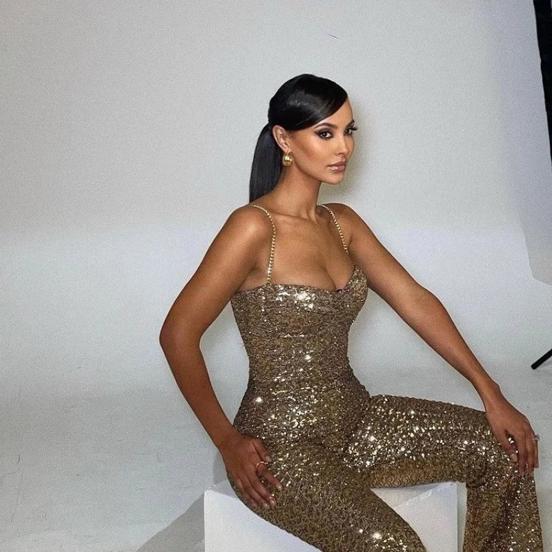 Luxury Gold Sequins Design Birthday Party Clubwear Sleeveless Spaghetti Strap Jumpsuits With Belt
