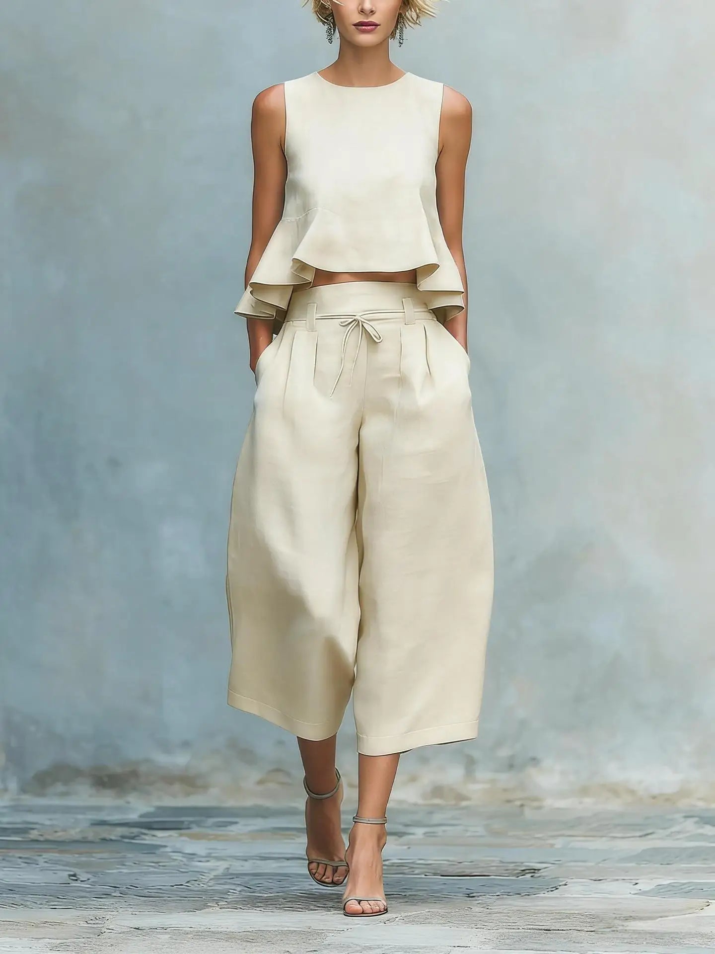 Elegant O-neck Sleeveless Top & Long Pant Cotton Linen Set for Women Summer Outfits