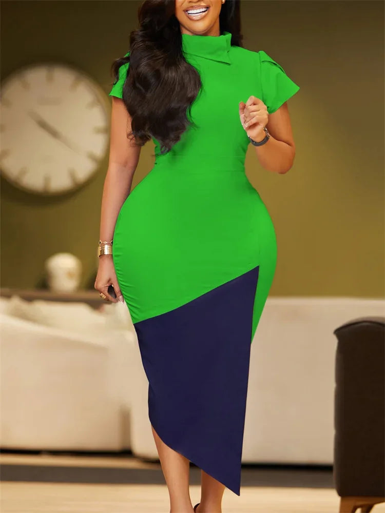 Sexy Summer Diagonal Neck Line Elegant Short Sleeve Office Pencil Dresses