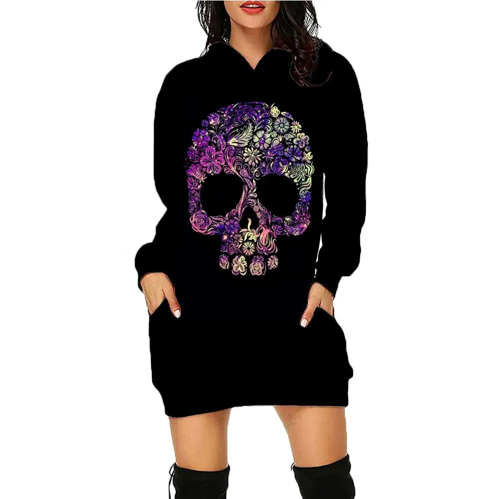 New 3D Print Skull Long sleeved Pullover Fashion Mid length Hoodie Dress