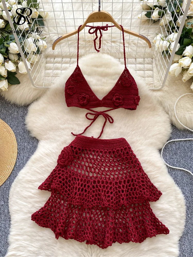 Knit Solid Beachwear Suits Halter Slim Backless Camisole+Bodycon Hollow Out Skirt Sets