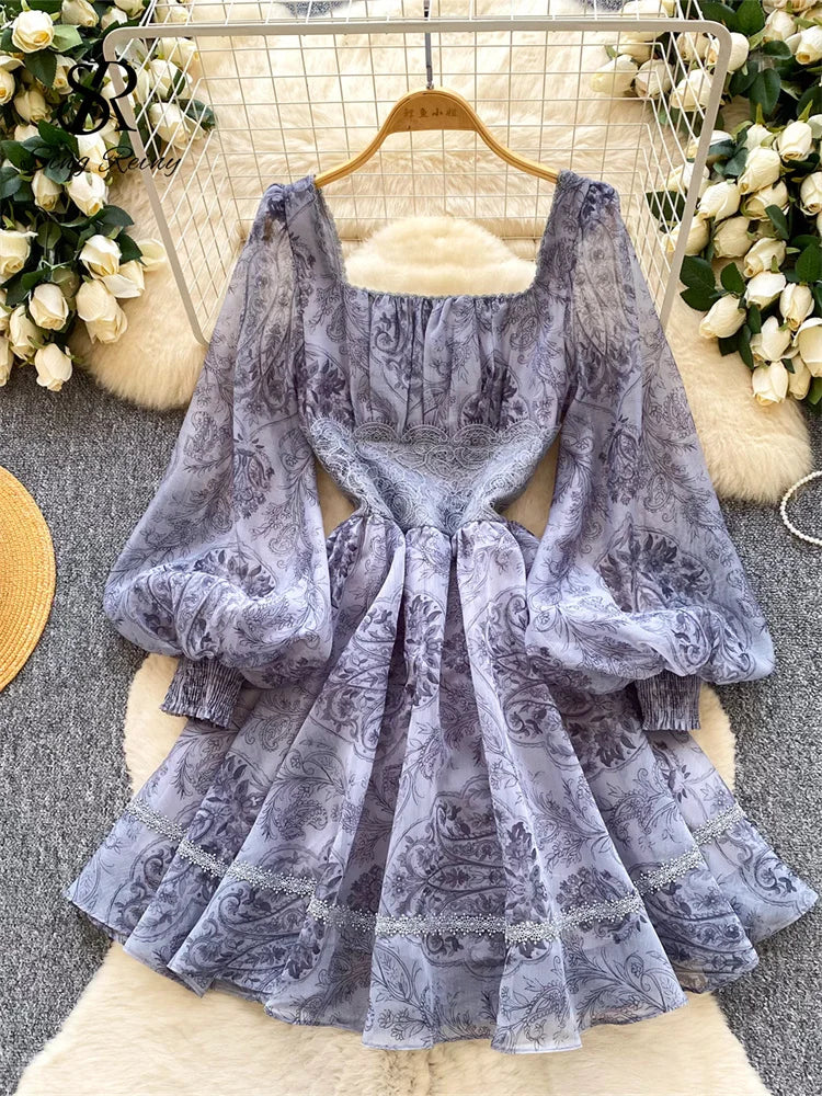 Print Lace Chiffon Square Collar Lantern Sleeve Slim A-Line Dress