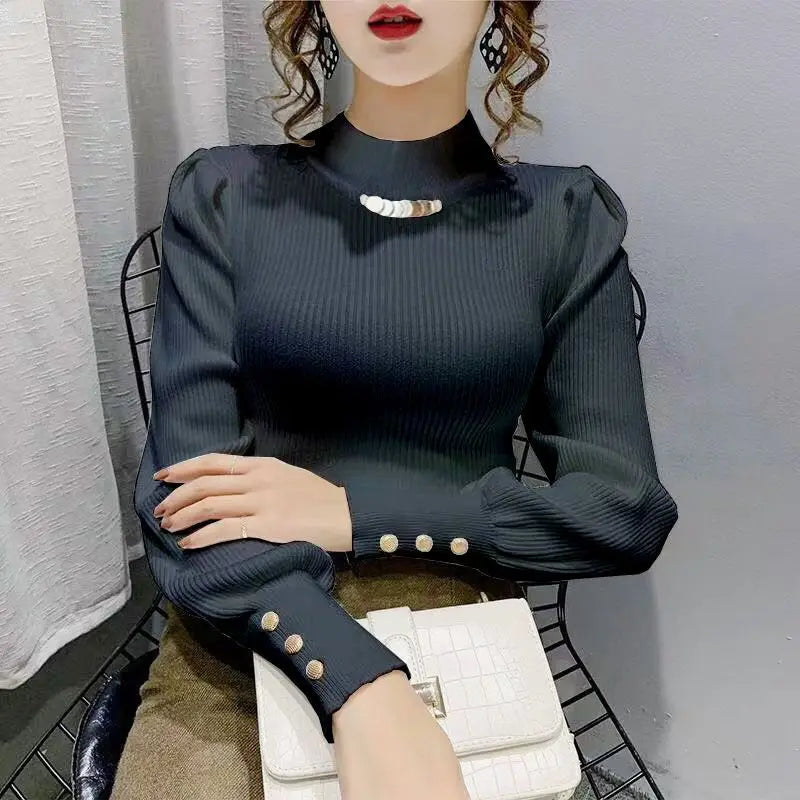 Elegant Solid Color Button Puff Sleeve Sweaters