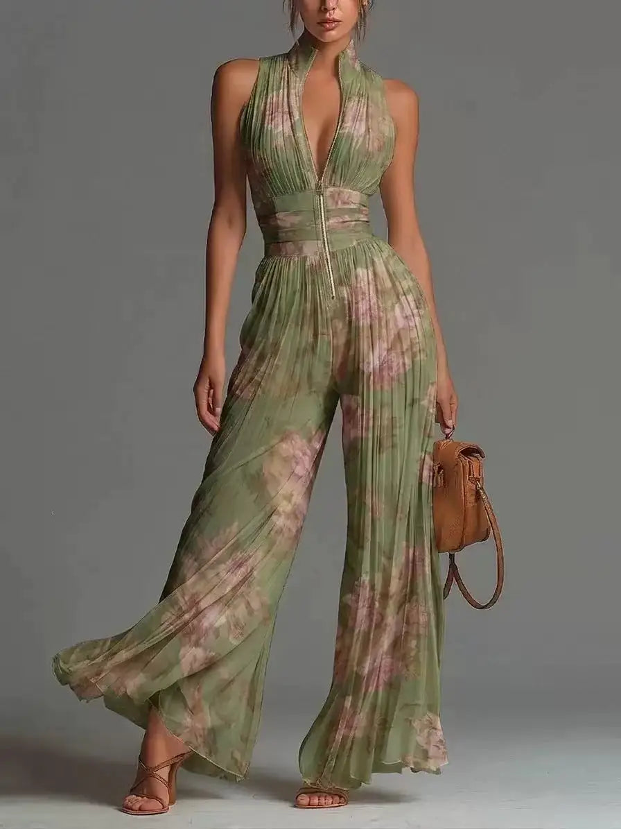 Fashion Sexy Deep V Neck Zip Jumpsuit