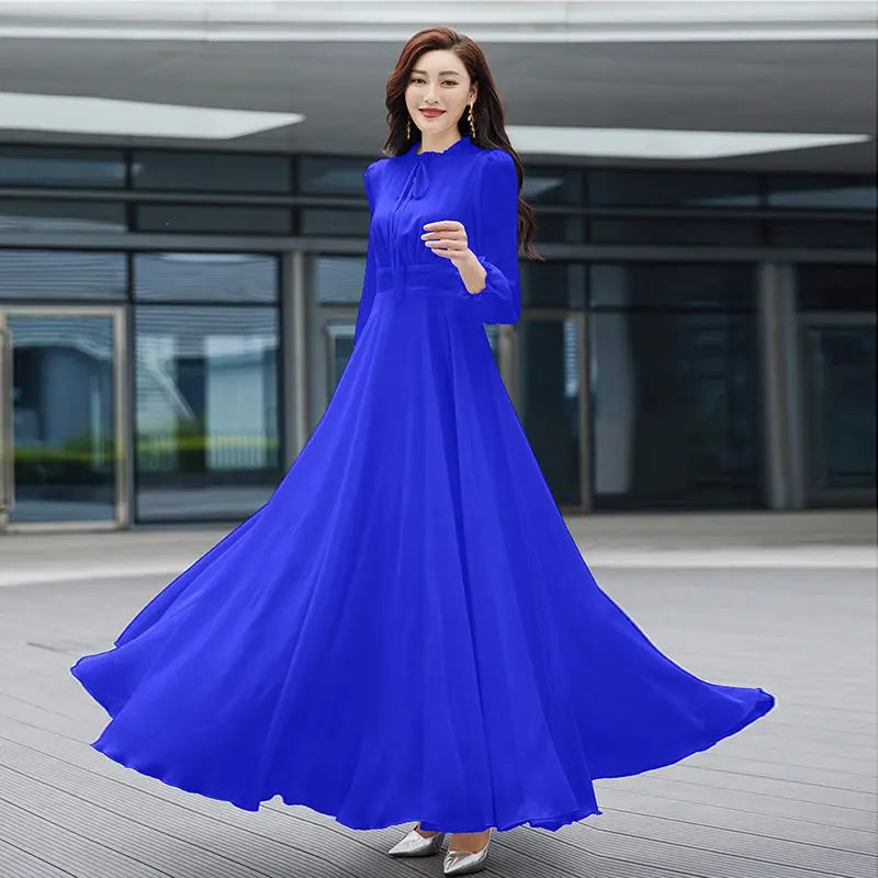 Spring Autumn Fashion Belt Elegant Casual O-neck Long Sleeve Slender Dresses