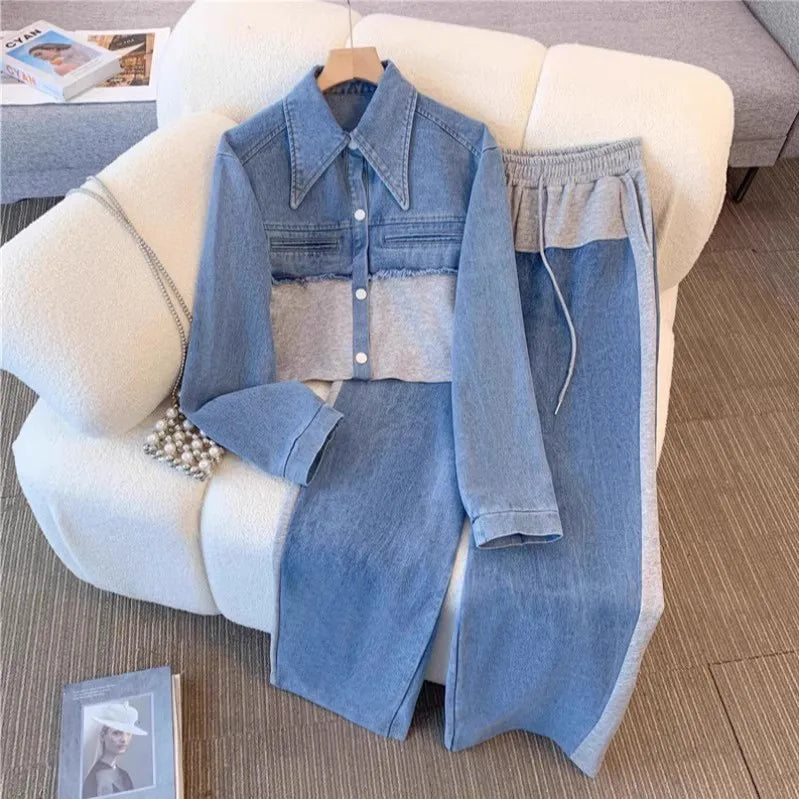 Spring Top Wide Leg Long Pants Casual Loose Lace Up High Waist Denim Splice Matching Sets r