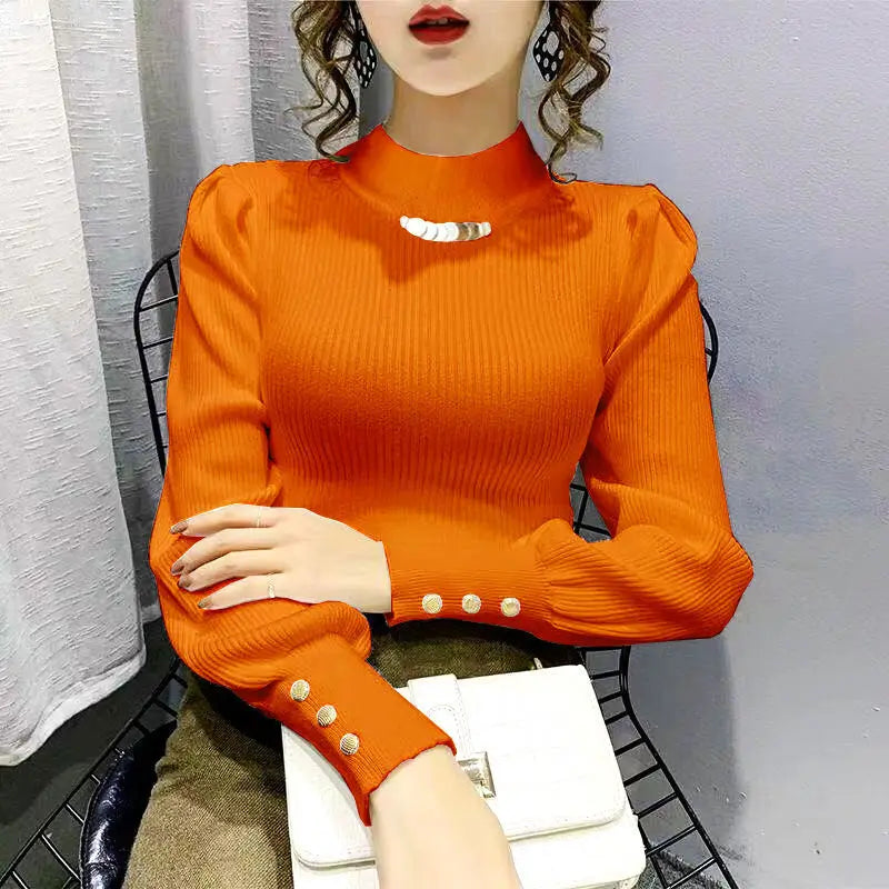 Elegant Solid Color Button Puff Sleeve Sweaters