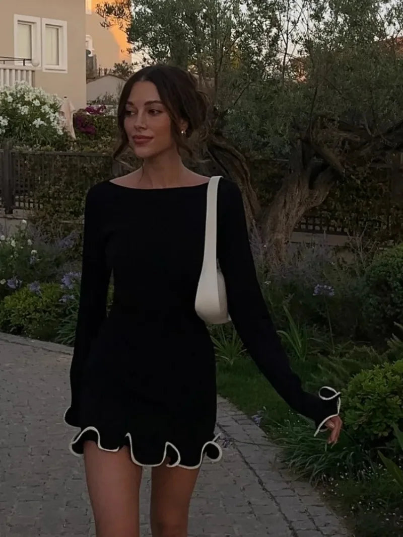 Autumn Long Sleeve Ruffled Knit Black Mini Dress