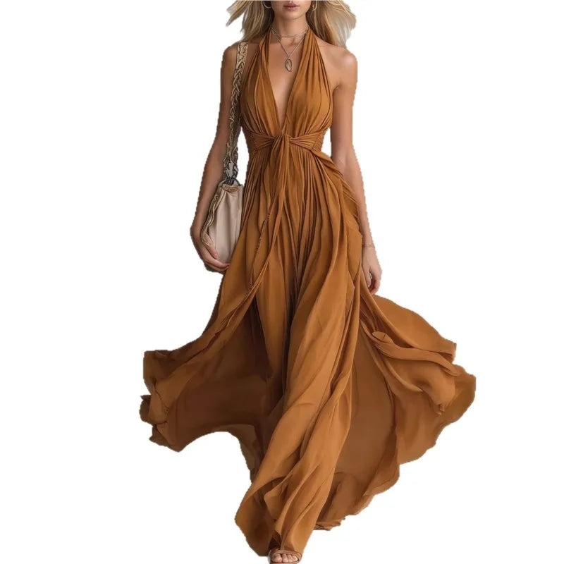 Women’s Elegant Deep V-Neck Lace-Up Long Dress