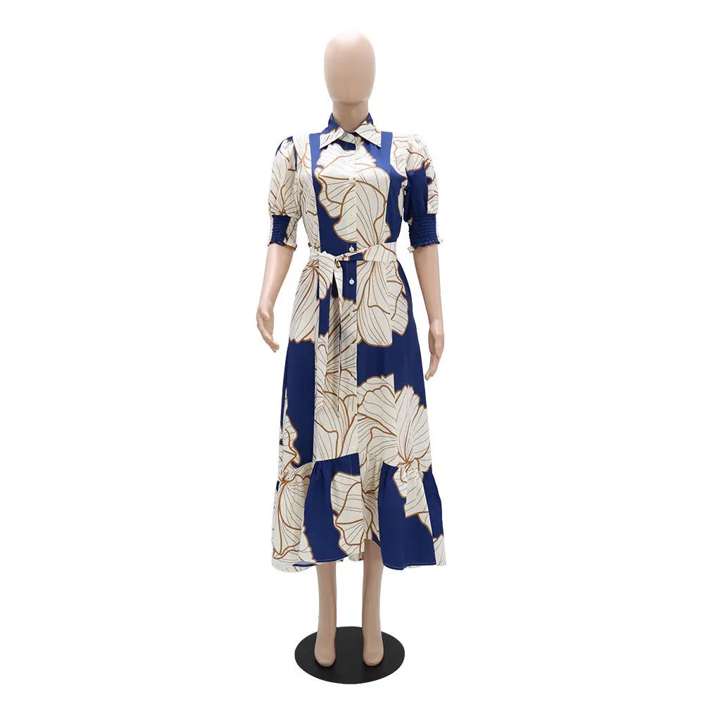 Long Print Elegant Office A Line Half Sleeves High Waist Maxi Dress