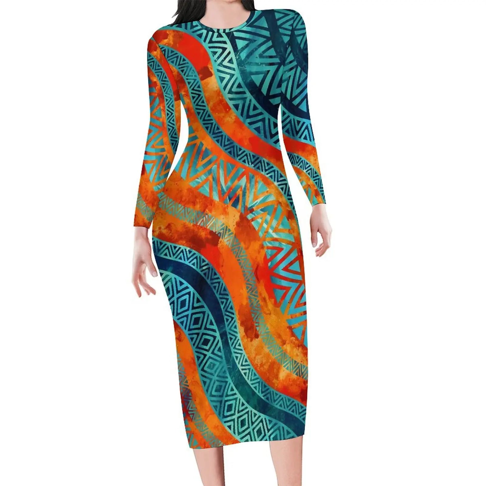 Autumn Long Sleeve African Ethnic Print Bodycon Dress