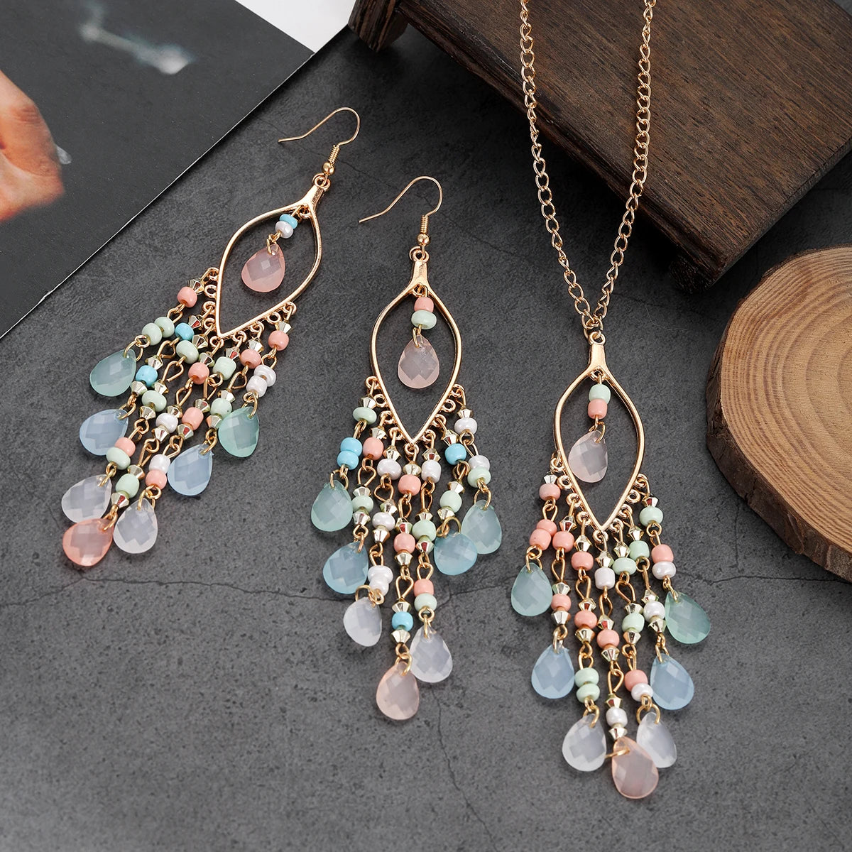 Bohemian Multicolor Crystal Long Tassel Dangle Earrings & Necklace Set – Retro Gold-Plated Geometric Wedding Jewelry