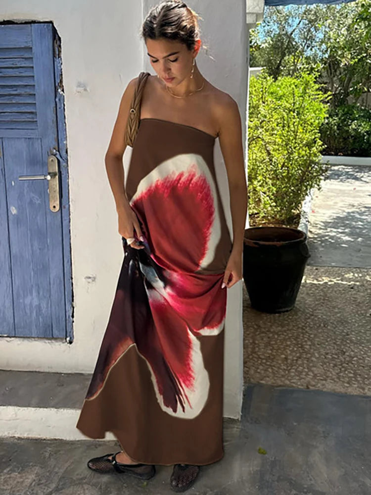Sexy Strapless Print Floral Belt Maxi Dress
