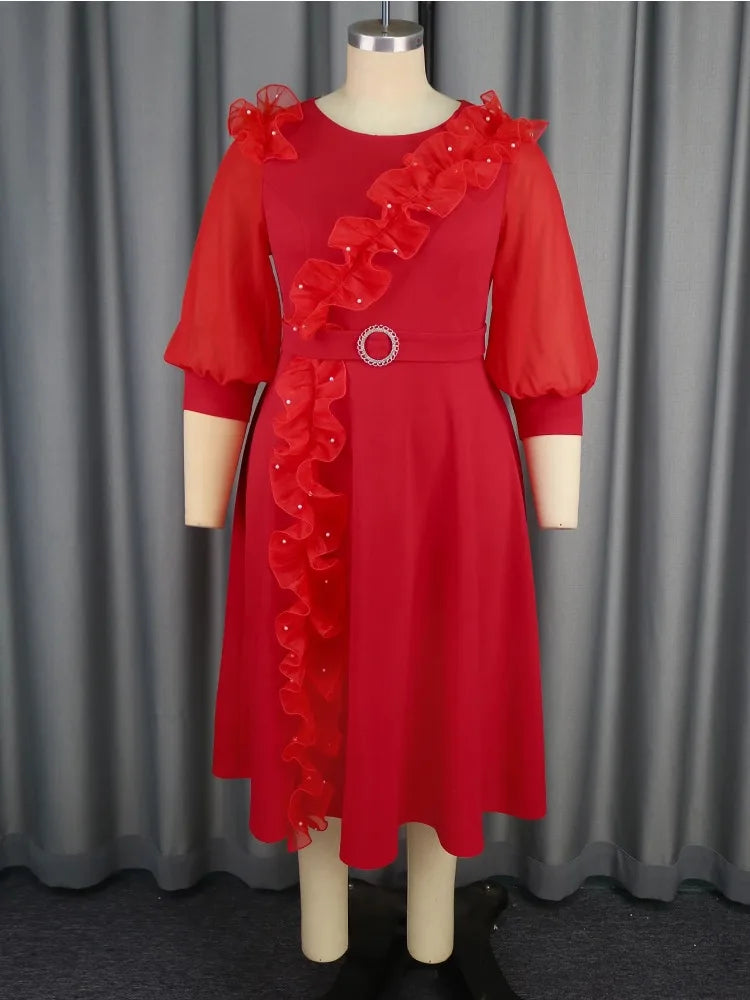 Red Long Sleeve A Line Dress with Peony Lantern Sleeves and Ruffled Flower Design
