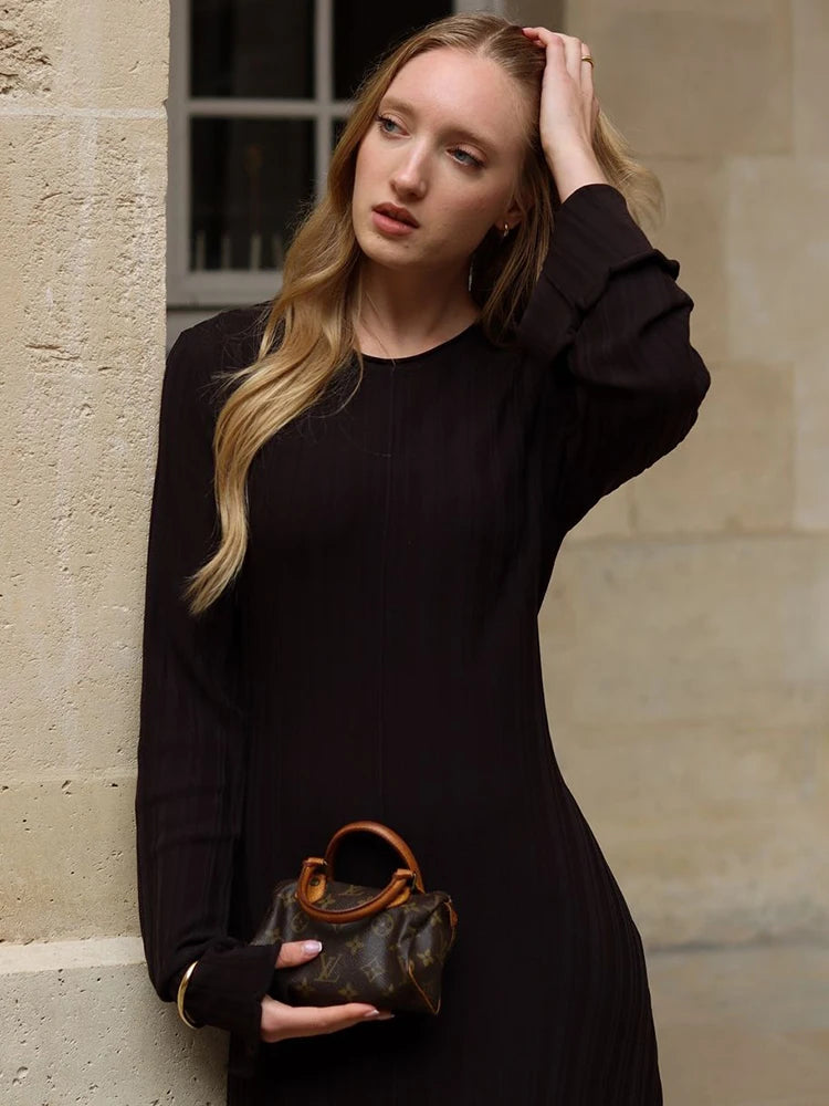 Fall Winter New Casual Retro High Waist Rib Sweater Bodycon Dresses