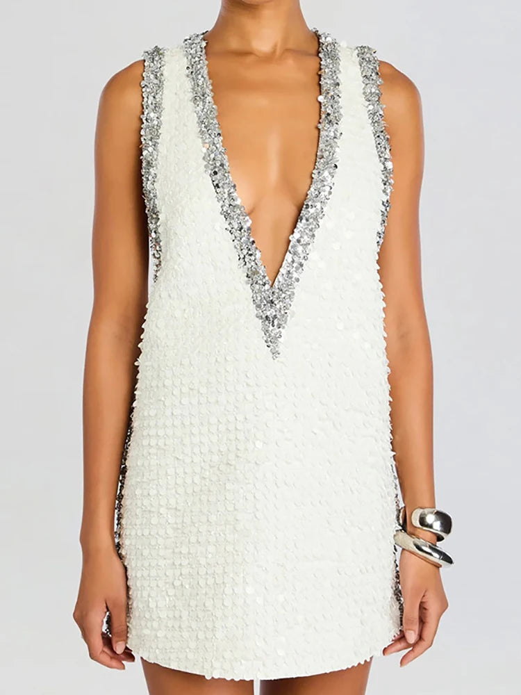 New Women Summer Deep V Neck Sequins Patchwork Mini Dress
