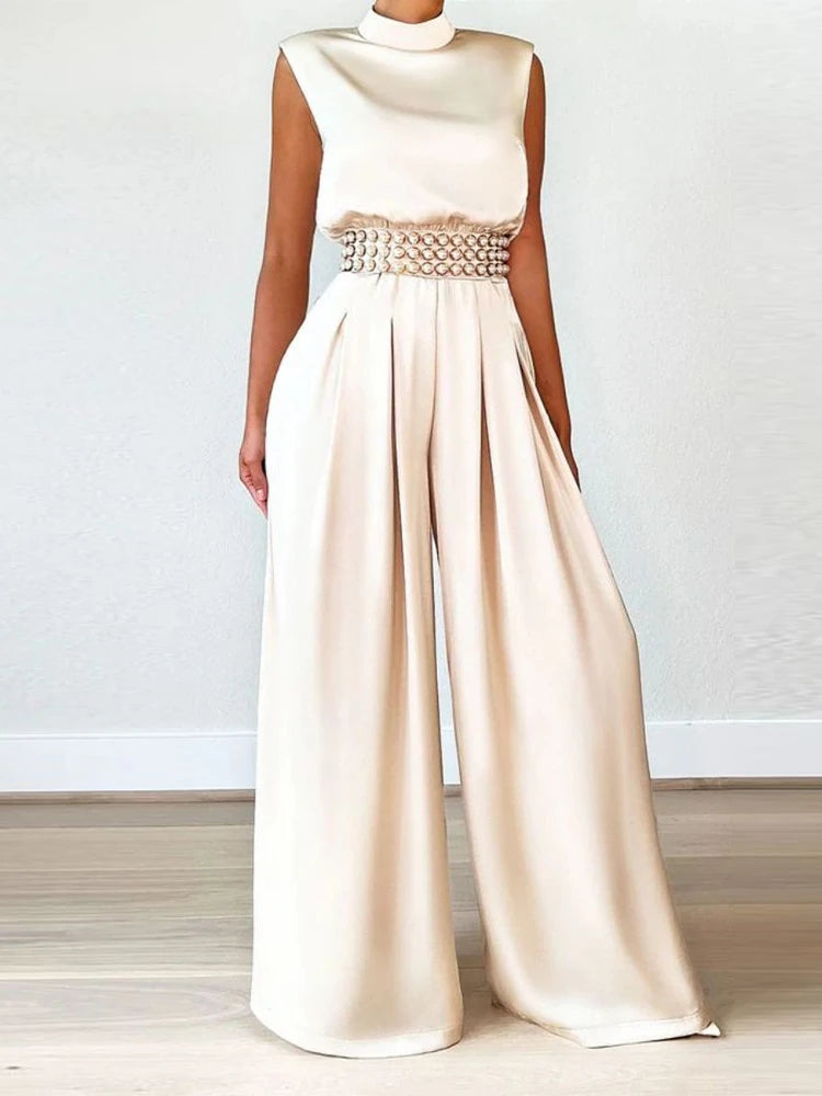 Spring Summer New Elegant Wide Leg Pants Bodysuit High Collar Sleeveless Jumpsuits