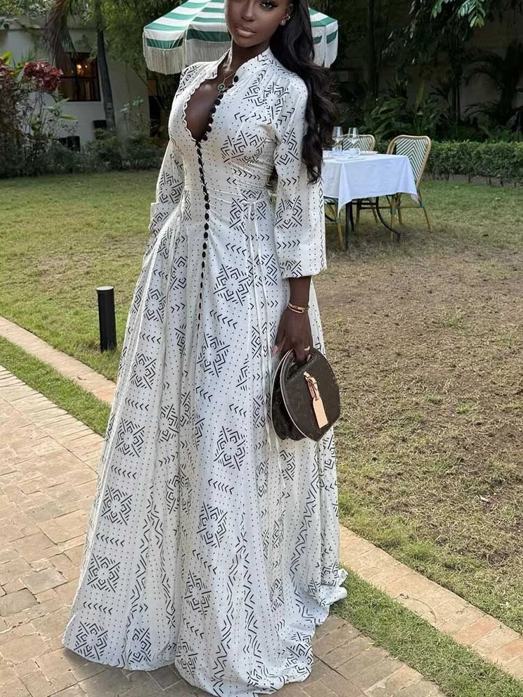 Curvy Spring Button-up Casual Daytime Wear White Long Sleeve Dress