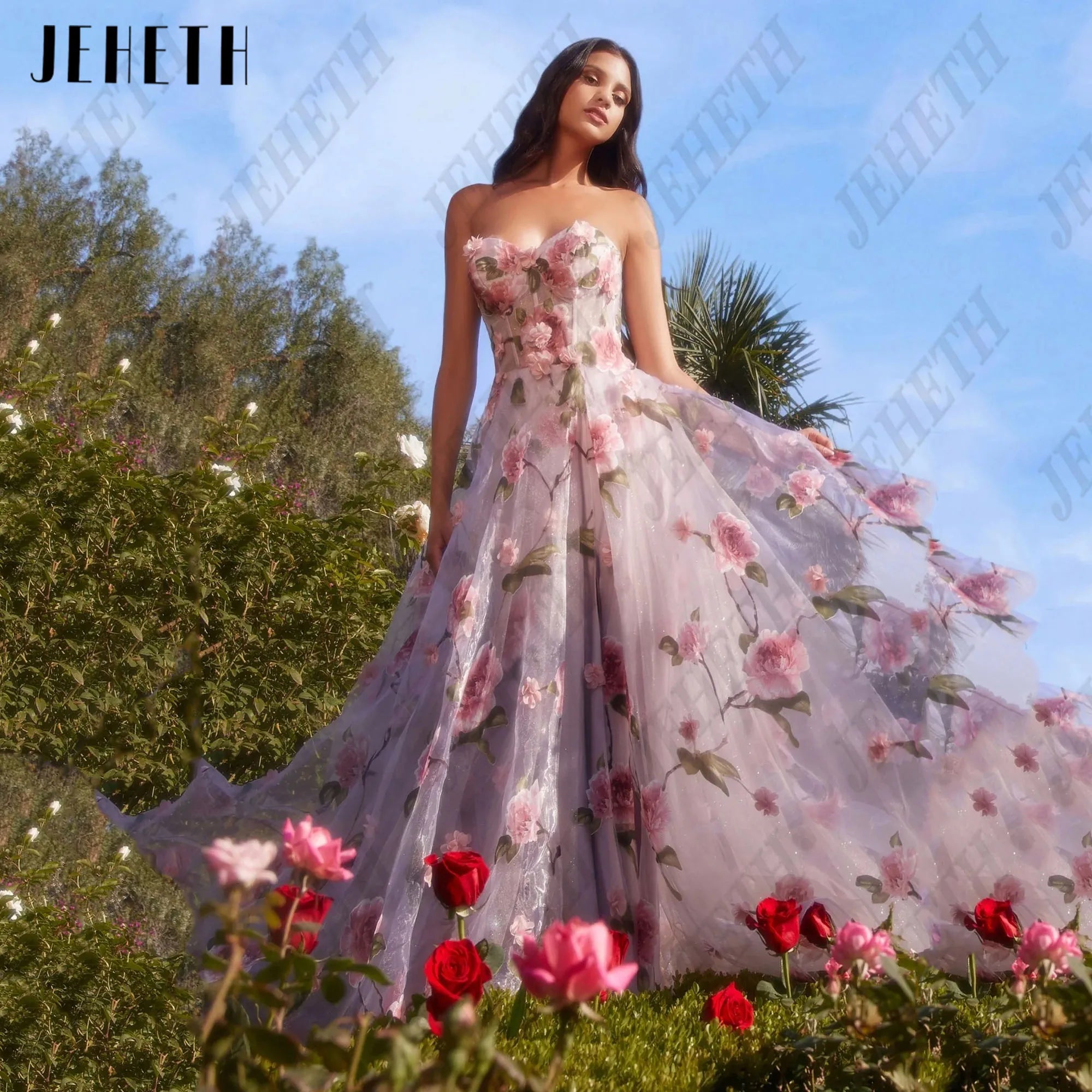 Pink Floral Print Split Strapless A Line Elegant Evening Gowns