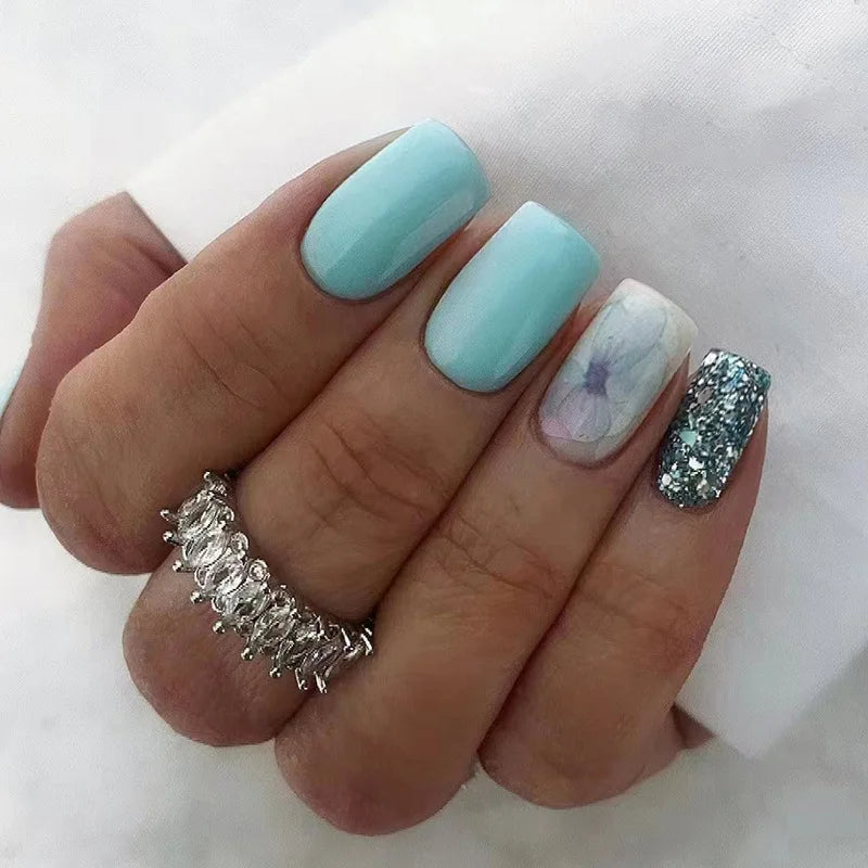 24Pcs Mid-length Square Press-On Nails with Golden Butterfly Design
