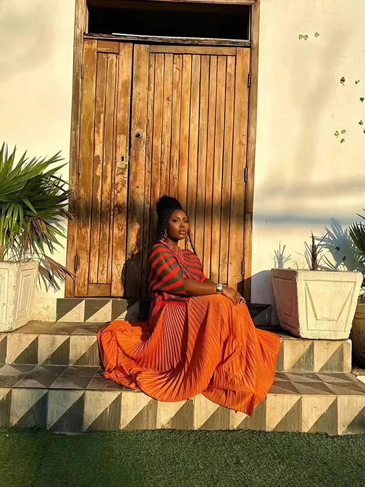 Striped Pleated Contrast Color Irregular Belt Tops + Long Pants