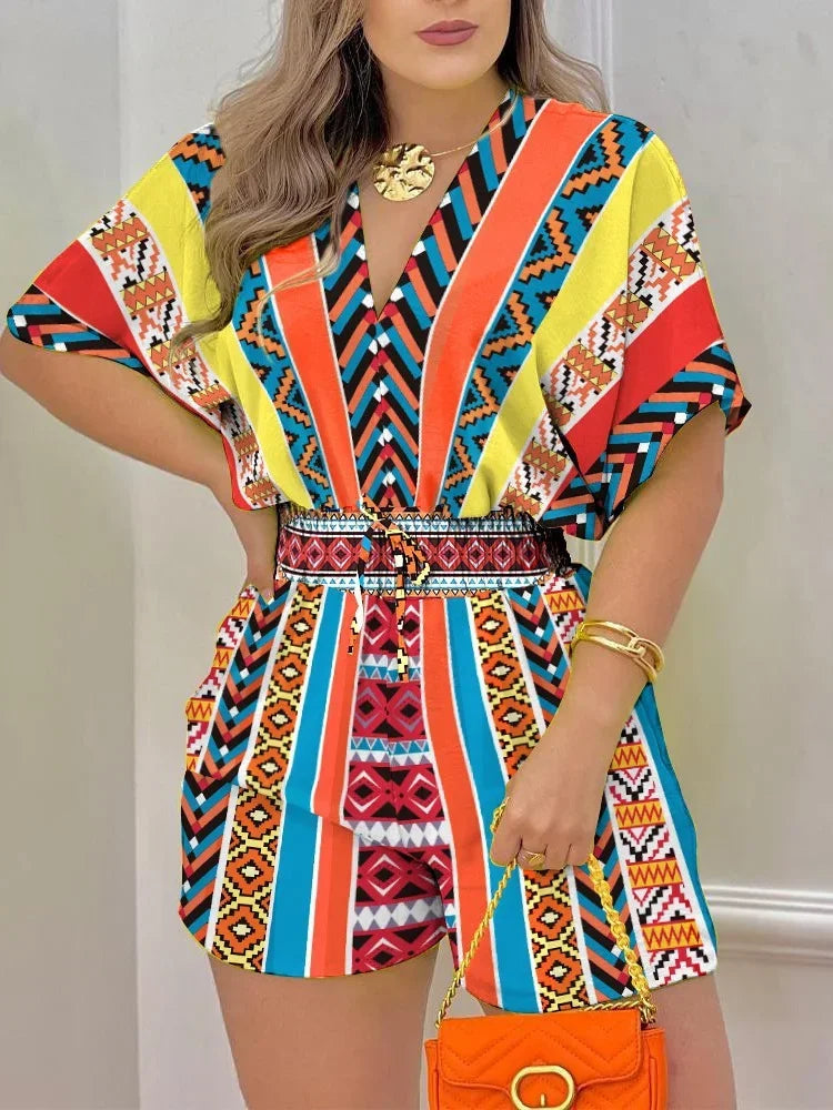 New Loose Casual Printing Fashion V-neck Short Sleeve Waist Shorts Drawstring Pleated Streetwear Romper