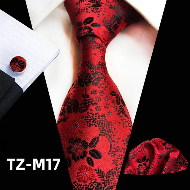 Floral  Neck Tie Set Handkerchief Brooch Cufflinks Men Accessories