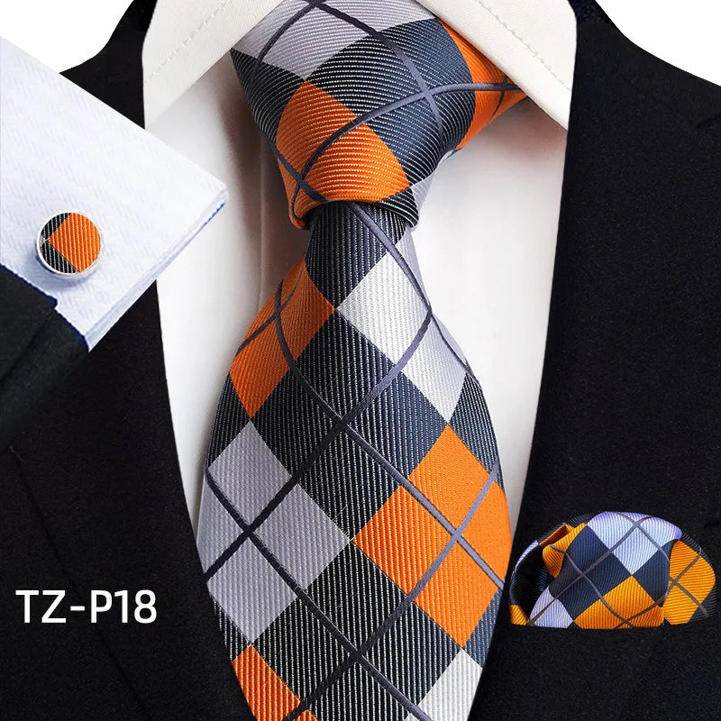 Orange Novelty Ties Plaid Flower Design Wedding Necktie Hanky Cufflinks