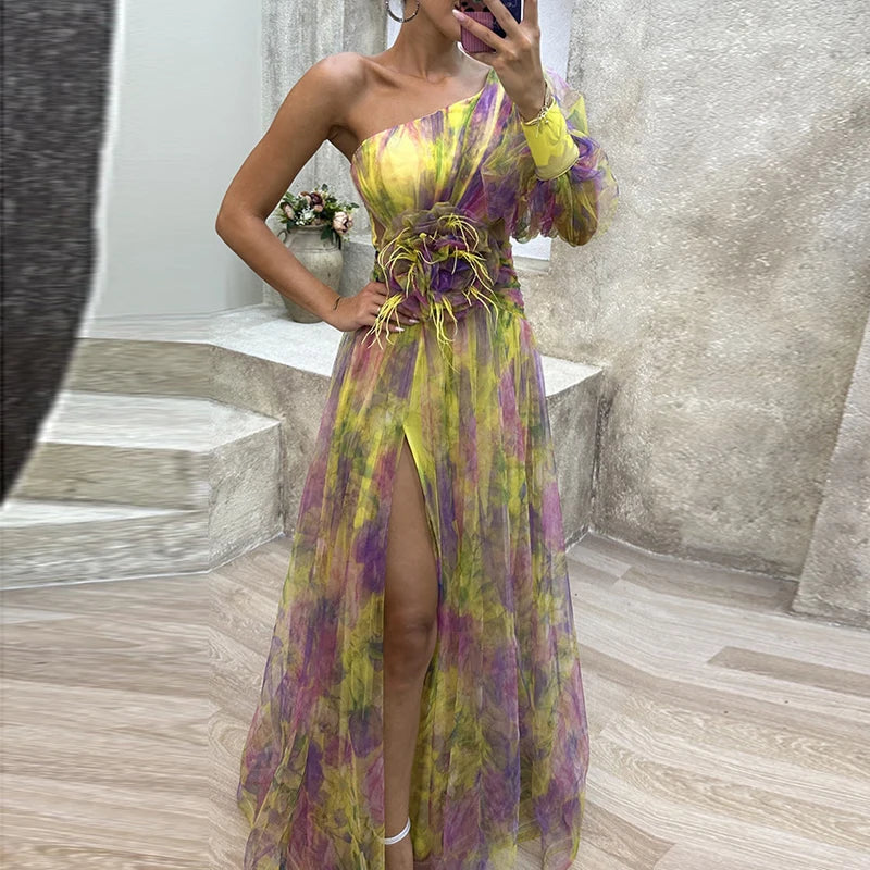 High Split Loose Hem One Shoulder Print Beach Party Dress
