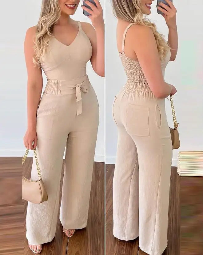 Casual Summer Two-Piece Solid Color V-Neck Elastic Vest Top and High Waisted Pocket Tied Wide Leg Commuting Pants Set
