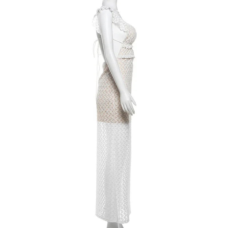 Summer Fashion Solid Color V-neck Backless Lace-up Hollow Slim Stretch Long Dress