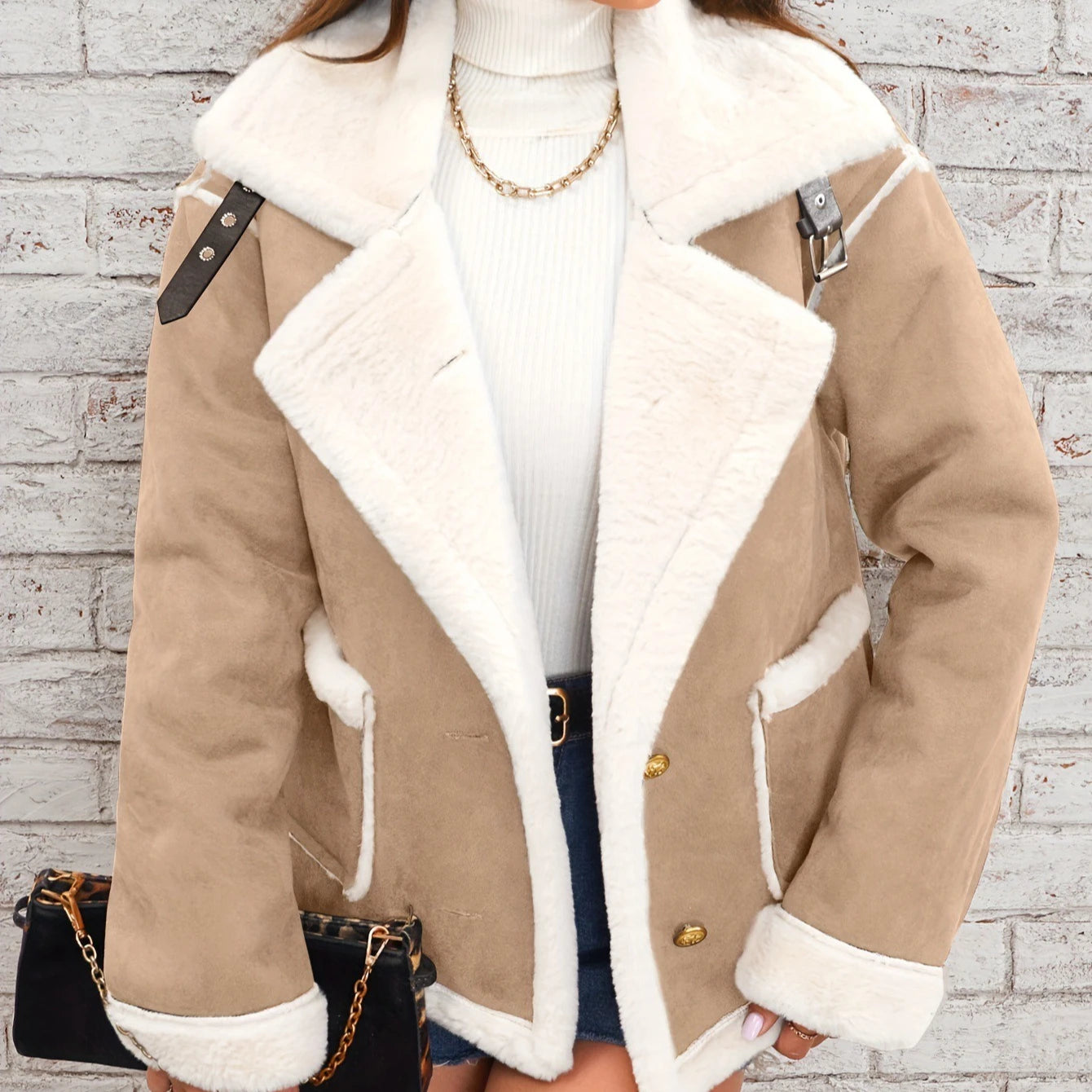 Turn Down Collar Shearling Jacket Casual Short Coat
