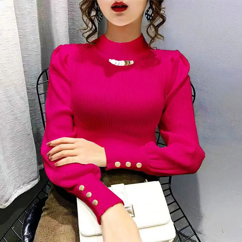 Elegant Solid Color Button Puff Sleeve Sweaters