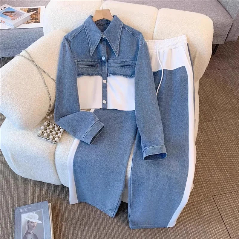 Spring Top Wide Leg Long Pants Casual Loose Lace Up High Waist Denim Splice Matching Sets r
