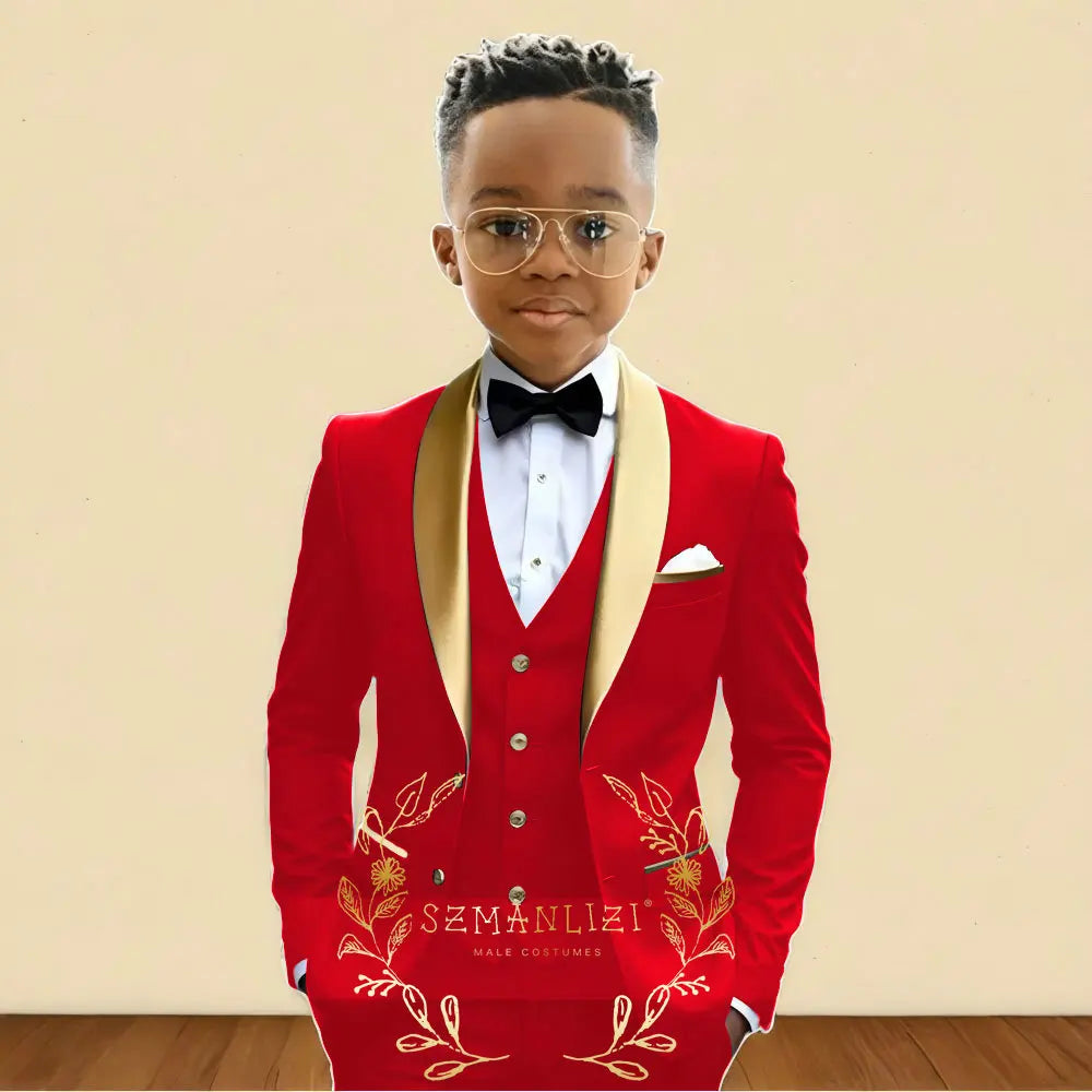 3‑Piece Boys Wedding Suit with Gold Shawl Lapel (2–16 Years)