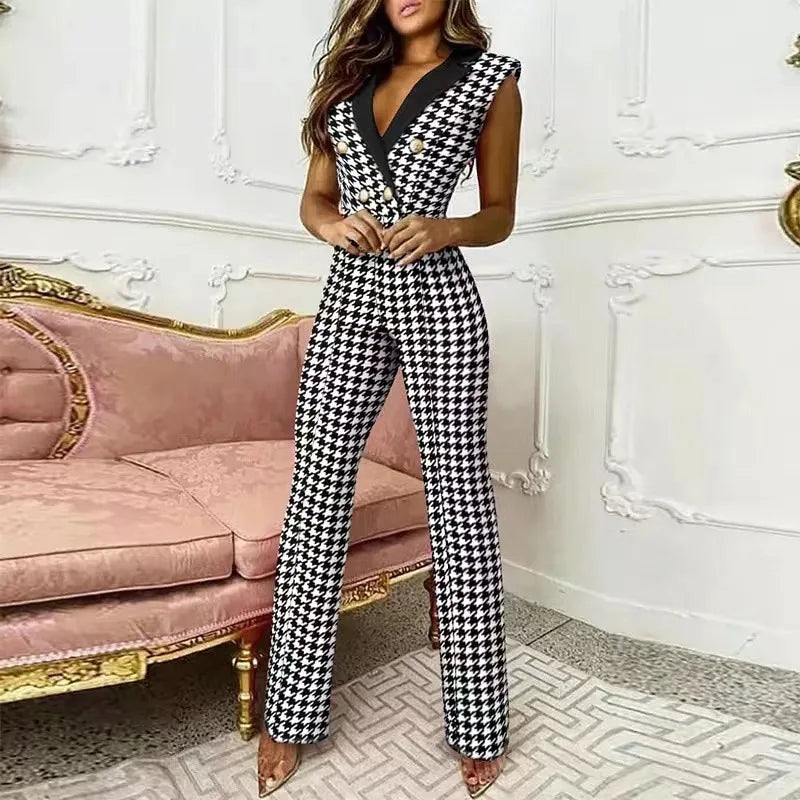 Sleeveless  Fashion Houndstooth Print Deep V-Neck Button Straight Jumpsuit