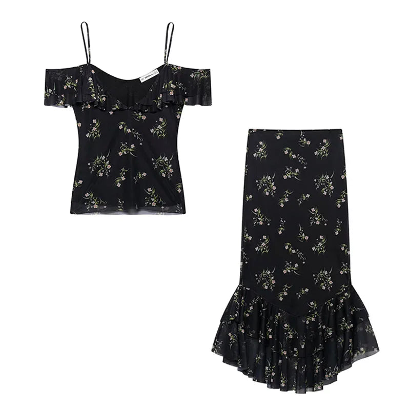 Elegant Ruffle Mesh Skirt Suit – Sleeveless Backless Top &  Pleated Long Skirt Set