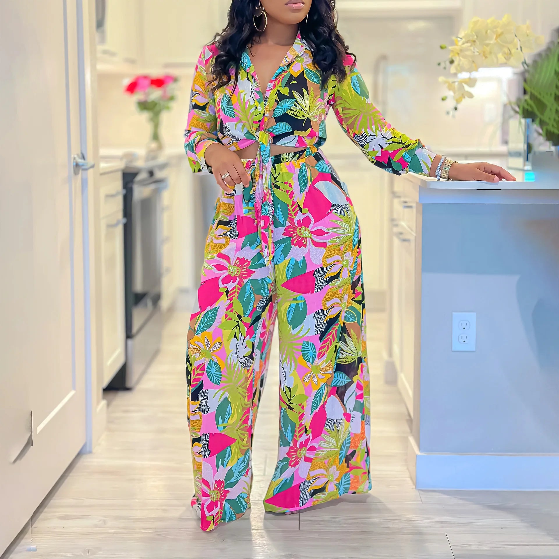 Spring Summer New Long Sleeved Printed  Fashion Lapel Single Breasted Shirt Wide Leg Trousers Two Piece Set