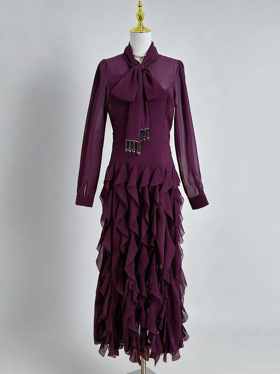 Solid Sheer Spliced Stand Neck Long Sleeves Tunic Patchwork Bow Dress