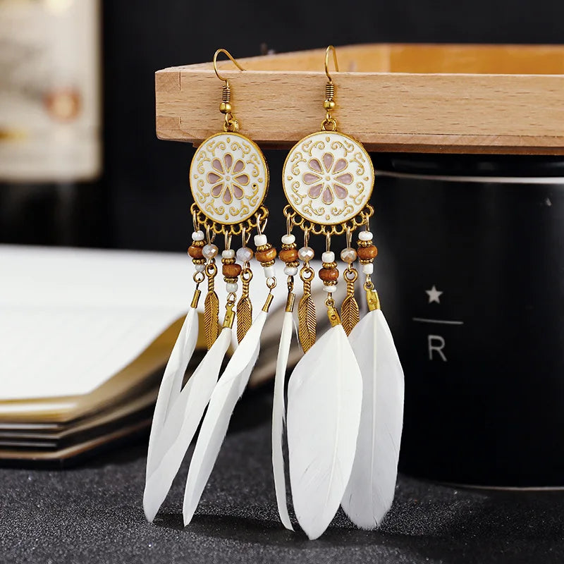 Boho Long Feather Dangle Earrings – Handmade Tassel & Enamel Flower Statement Jewelry for Women
