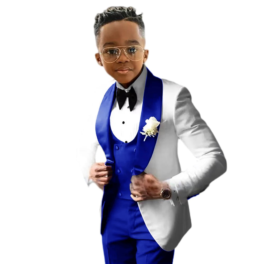 Suit for Boys Wedding Tuxedo – 3 Piece White Jacket, Royal Blue Pants &amp; Vest | Slim Fit Tailored Kids Blazer Set