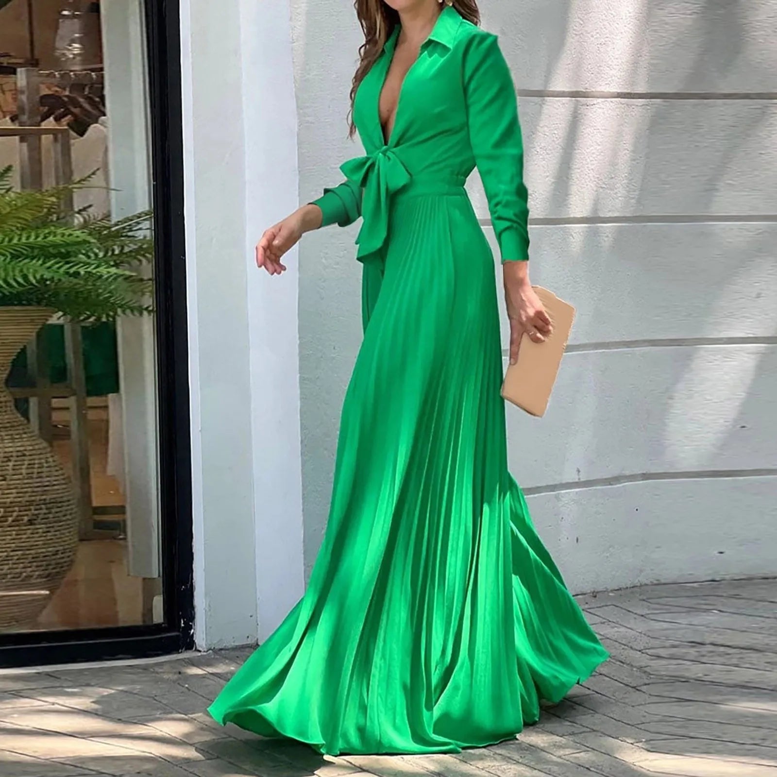 High Waist  Long Sleeve  Deep V Neck Light Luxury Jumpsuits