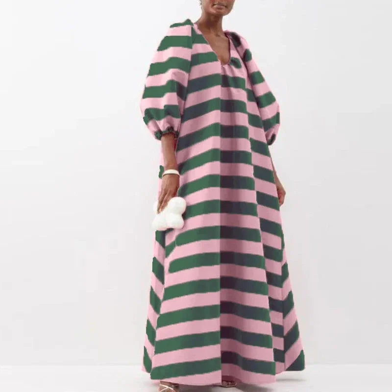 Autumn Loose Pullover Fashion Stripe Contrast Printed Maxi Dresses