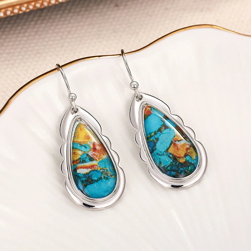 Waterdrop Shaped Boho Dangle Earrings with Stone Pattern Sticker