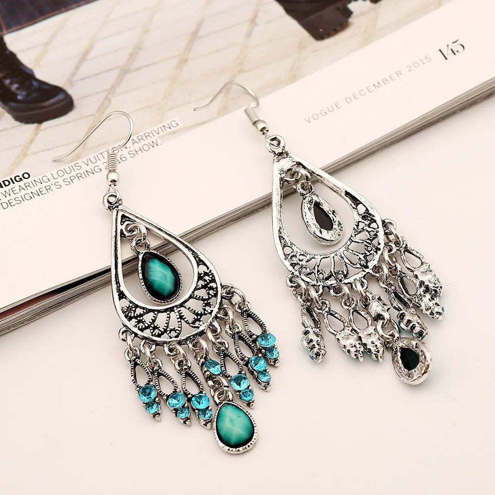 Bohemian Ethnic Style Antique Silver Color Alloy Hollow Acrylic Resin Gems Water Droplet Tassel Earrings