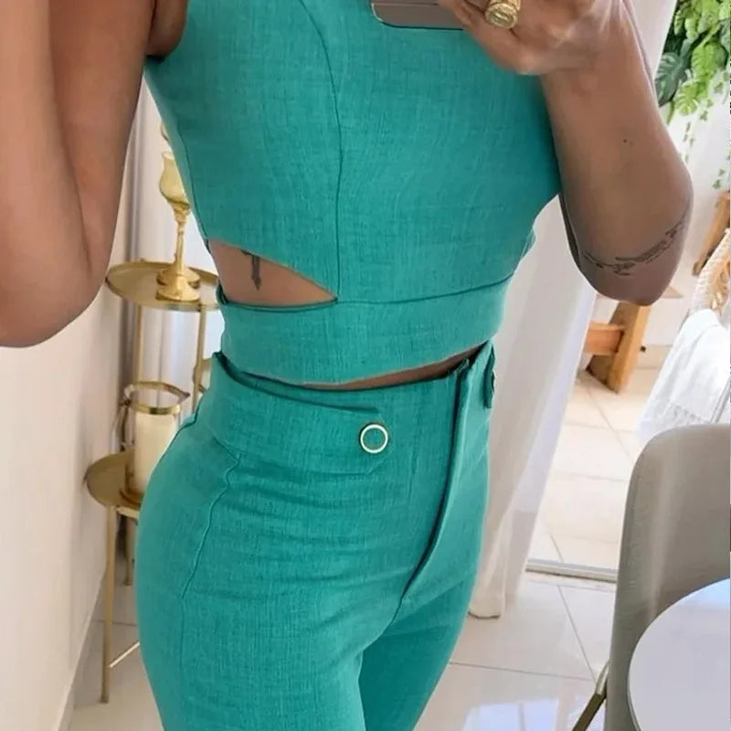 Tight Hollow Out Cropped Top High Waist Long Pants Suits